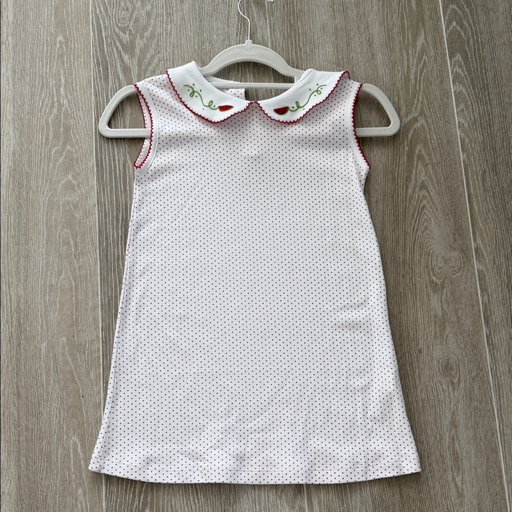 Little English White Dress with Red Dots and Embroidered Collar